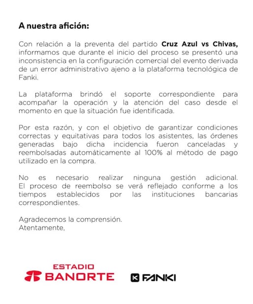 ¿Compraste boletos para el Cruz Azul vs Chivas y te los cancelaron? Esto dice Profeco. Foto: (Estadio Banorte)