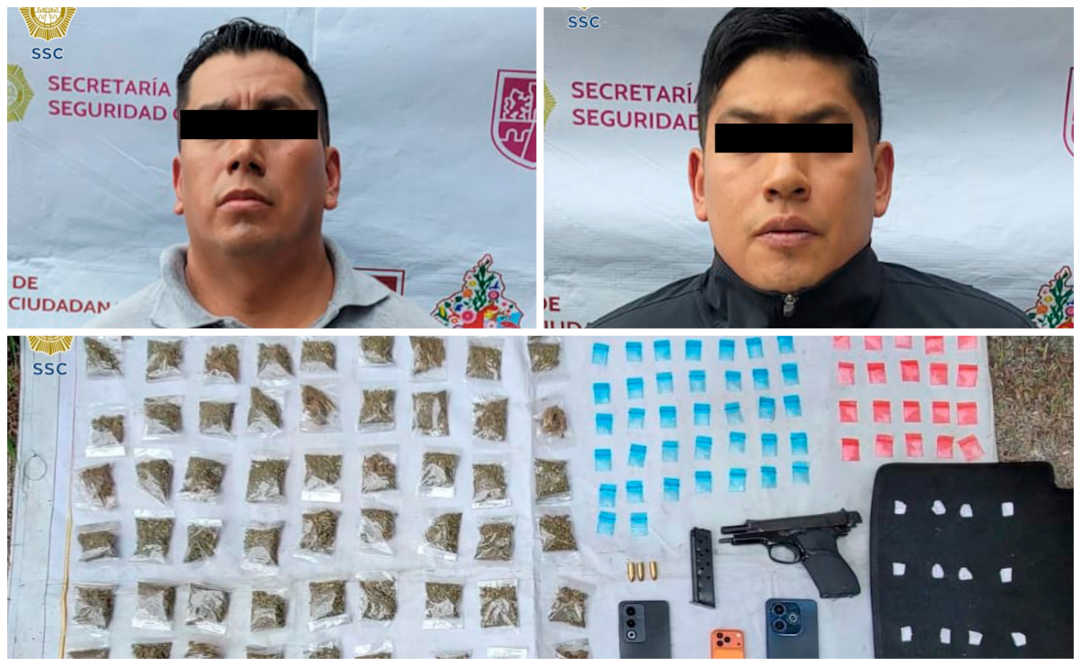 Durante la inspección, los agentes les aseguraron un arma de fuego con cargador y tres cartuchos útiles, así como 88 bolsitas con marihuana y 44 bolsitas con metanfetamina. Fotos: Especiales