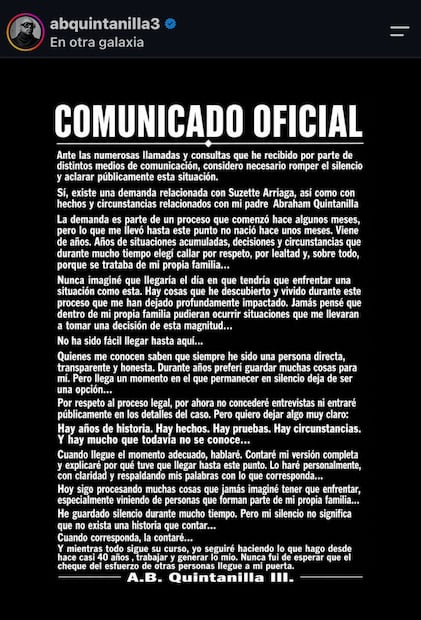 Comunicado AB Quintanilla (Vía: Instagram)