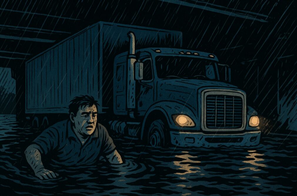 Atorado en bajo puente (Foto: Creada con IA)