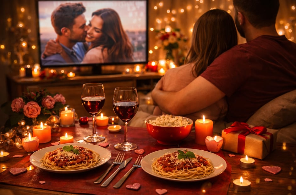 Cena y cine en casa (Foto: Creada con IA)