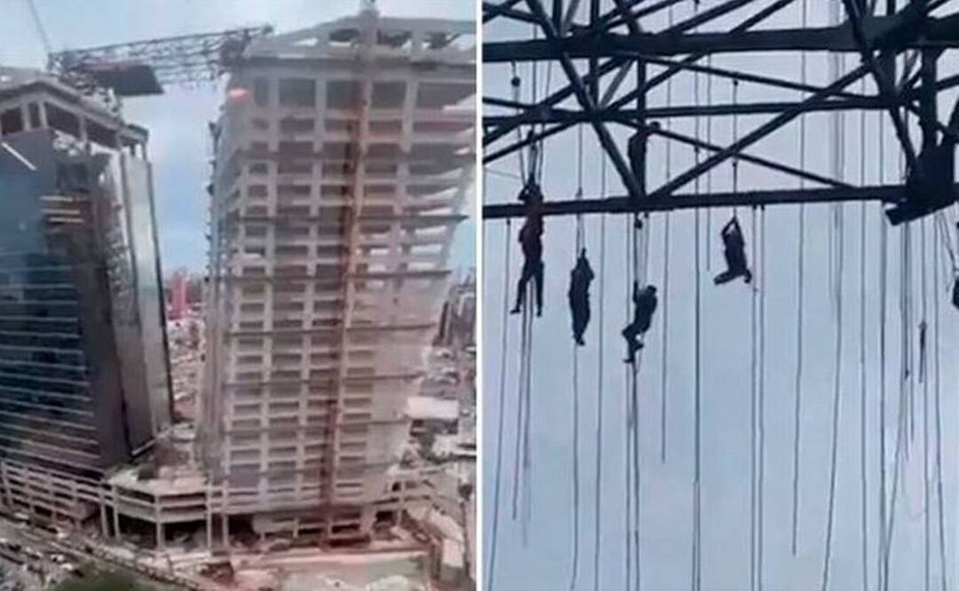 Obreros se llevan el sustazo de sus vidas tras quedar colgados a 140 metros del suelo