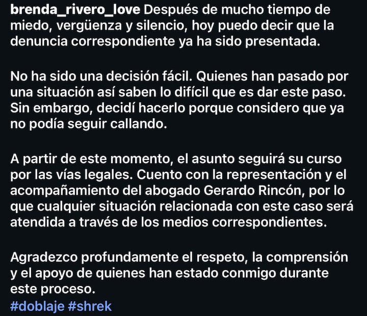 Mensaje de Brenda Rivero (Vía: Instagram)