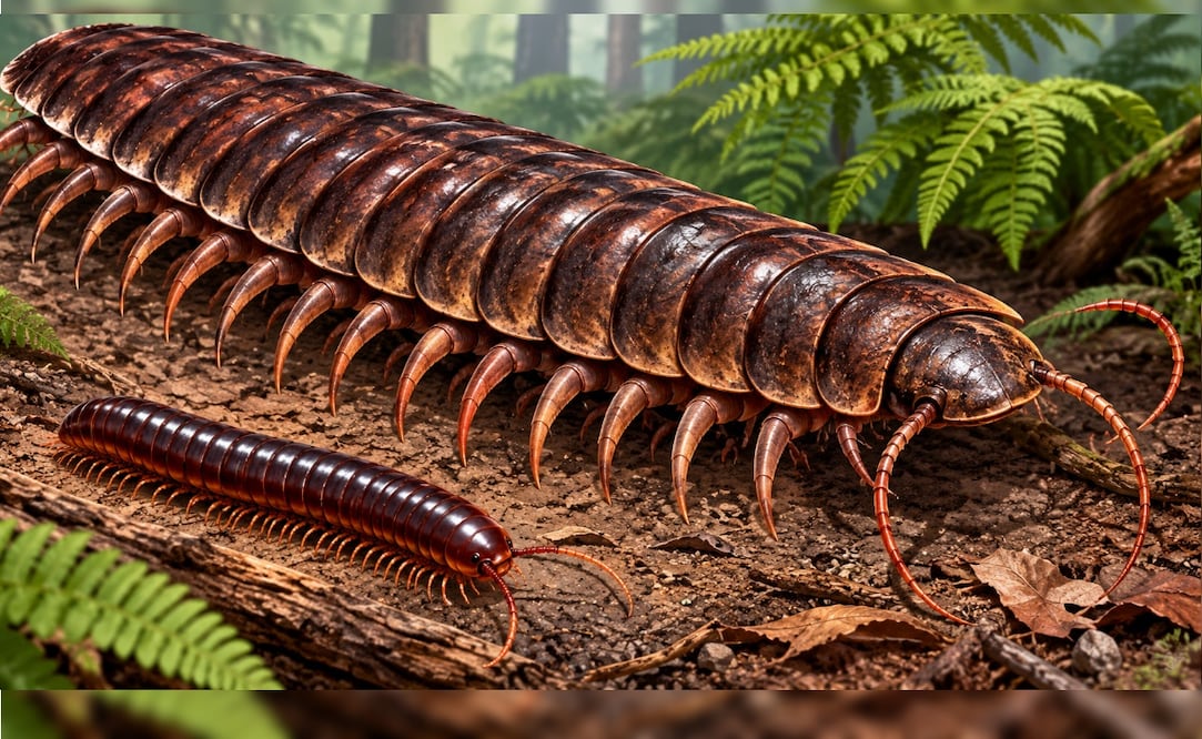 Milpiés y un Arthropleura. Foto: IA
