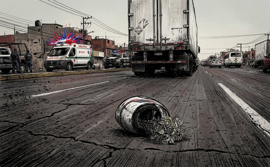 Flores en el casco y tragedia en el asfalto: tráiler mata a biker en Ecatepec (FOTO: Creada por IA / Gemini)