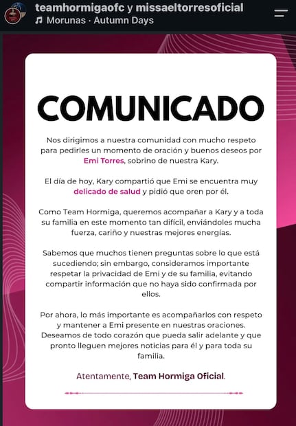 Comunicado familia Karina Torres (Vía: Instagram)