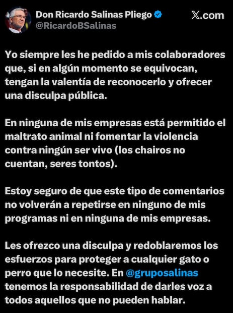 Postura de Ricardo Salinas a las declaraciones de Pedro Sola (Vía: X)