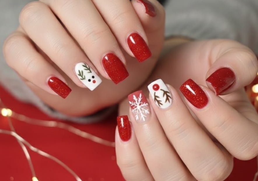 Uñas con copos y renos (Foto: Creada con IA)