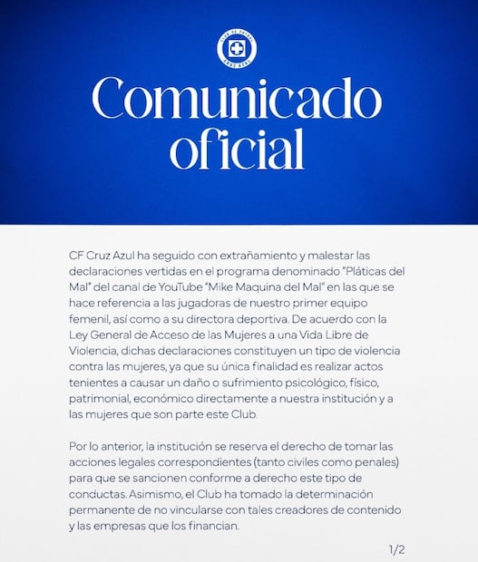 Comunicado de Cruz Azul Femenil por ataques a sus jugadoras. Foto: (Cruz Azul)