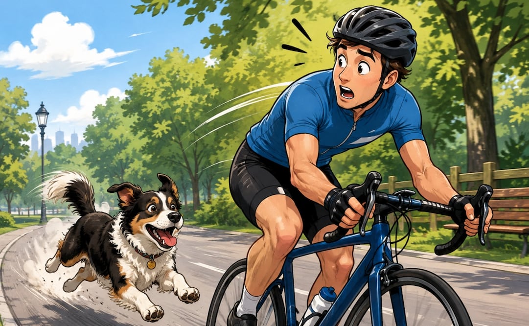 Perro persigue a alguien en bicicleta. Foto: IA