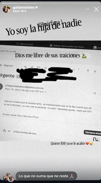 Captura del correo de Crista a Gala (Vía: Instagram)