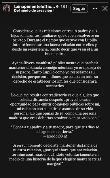Mensaje de Taina a Ayana (Vía: instagram)