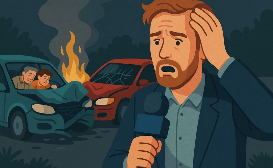 Reportero de Puebla transmite accidente en vivo y reconoce a sus hijos entre las víctimas. Foto: (IA)