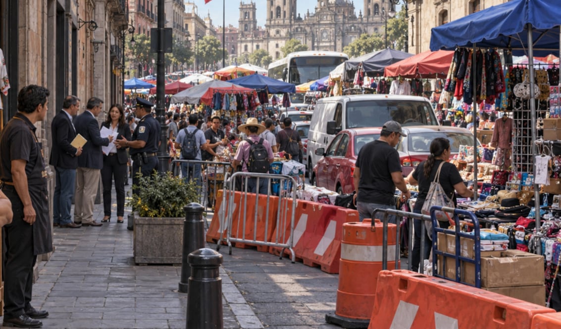 Comerciantes piden a Clara Brugada rescatar el Centro Histórico de CDMX (Foto: Creada con IA)