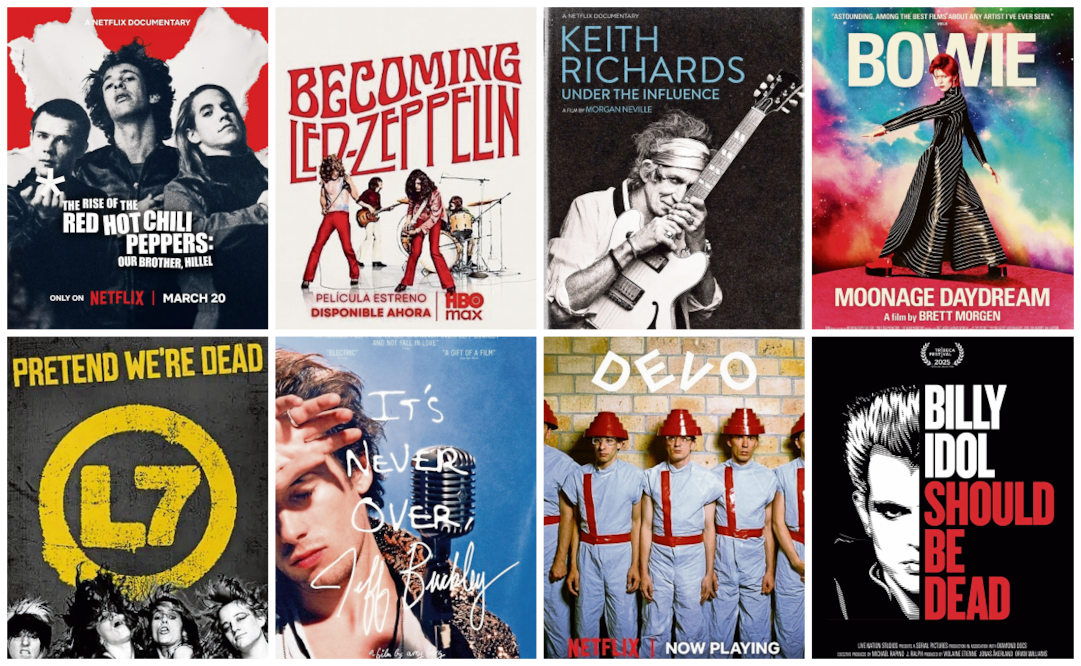 RHCP
OUR BROTHER, HILLEL Documental que recuerda la vida y legado de Hillel Slovak, guitarrista y miembro fundador de Red Hot Chili Peppers, a través de testimonios, imágenes de archivo y la historia de una banda en ascenso. (NETFLIX)
LED ZEPPELIN
BECOMING Documental que reconstruye, con material inédito, los orígenes y ascenso meteórico de Led Zeppelin, desde las trayectorias de sus integrantes hasta la formación de una de las bandas más influyentes del rock. (HBO)
KEITH RICHARDS
UNDER THE INFLUENCEDocumental que sigue a Keith Richards, guitarrista de The Rolling Stones, en un recorrido íntimo por sus influencias musicales, recuerdos y pasión por el blues, el rock y la creación. (NETFLIX)
DAVID BOWIE
MOONAGE DAYDREAM Es todo un viaje inmersivo y caleidoscópico por la vida, obra y legado de David Bowie, que explora su creatividad, transformación artística y espíritu transgresor a través de imágenes, música y archivo. (MUBI)
L7
PRETEND WE’RE DEAD Documental que recorre la historia de L7, banda pionera del rock alternativo, desde sus inicios hasta su impacto en la escena grunge y punk, con testimonios y material de archivo. (AMAZON)
JEFF BUCKLEY
IT'S NEVER OVERDocumental que explora la vida y legado de Jeff Buckley, su extraordinaria voz, sensibilidad artística y trayectoria musical, marcada por el éxito de Grace y una muerte prematura. (HBO)
DEVO
LA BANDA MÁS INCOMPRENDIDA DE EE.UU. Documental que recorre la historia de DEVO, banda clave del art rock y new wave, explorando su visión artística, irreverencia y la influencia que ejerció en la música y la cultura pop. (NETFLIX)
BILLY IDOL
BILLY IDOL SHOULD BE DEAD. Documental que explora a fondo la vida, excesos, polémicas, accidentes y la carrera del legendario pionero del punk británico y superestrella del rock de los años 80. (APPLE TV) . Fotos: Instagram