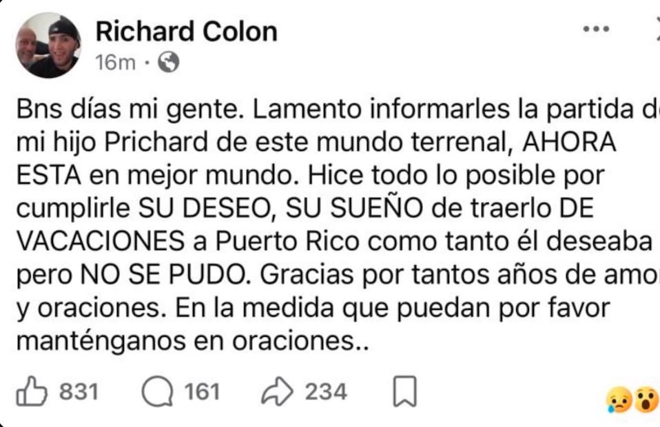 Mensaje de su padre en redes (Vía: Facebook)
