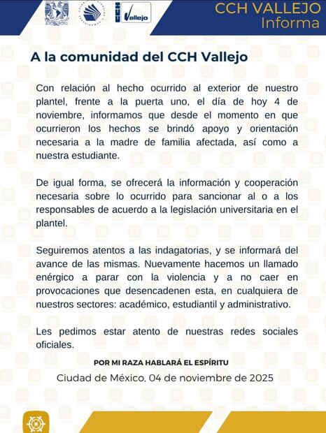 Imagen: Rdes sociales (Comunicado de CCH Vallejo)