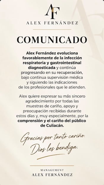Comunicado actualización del estado de salud de Alex Fernández (Vía: Instagram)