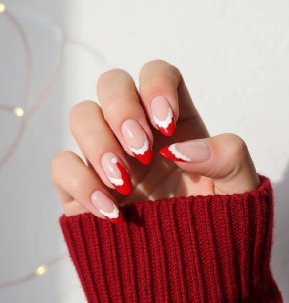 Manicura francesa con gorritos de Santa Claus (Foto: Creada con IA)