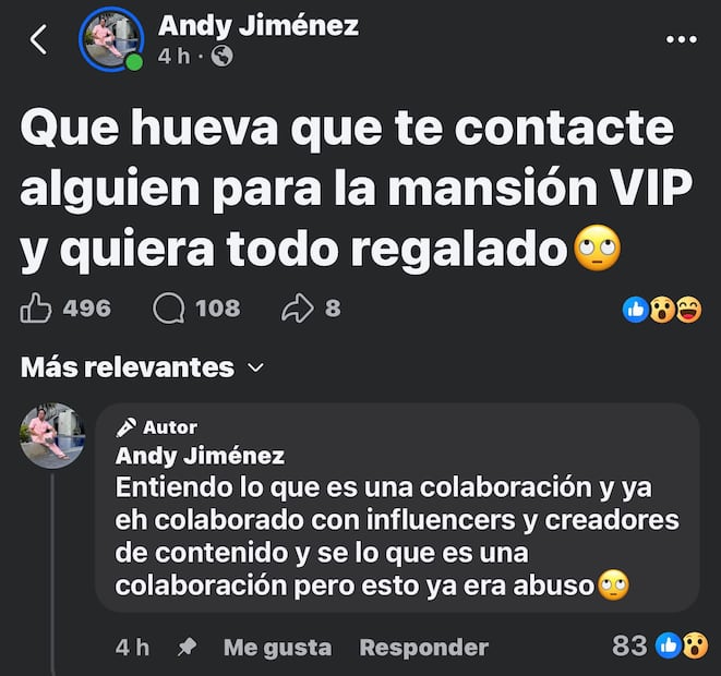 Post de Andy Jiménez en Facebook (Vía: Facebook)