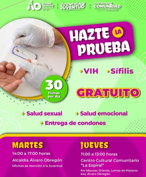 Pruebas GRATIS de VIH y sífilis en la Álvaro Obregón: fecha, ubicación y horario. Foto: (Alcaldía Álvaro Obregón)