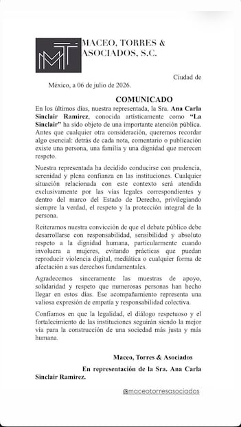 Comunicado abogados de Ana Clara Sinclair (Vía: Instagram)
