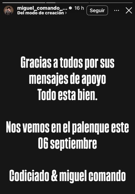 Mensaje de Miguel Comando (Vía: Instagram)