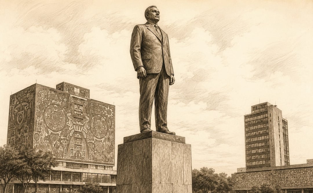 Estatua de Miguel Alemán Valdés en C.U. Foto: IA
