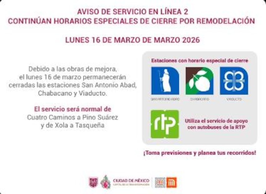 Imagen: Metro CDMX (Línea 2 del Metro CDMX tendrá 3 estaciones cerradas durante todo el 16 de marzo)