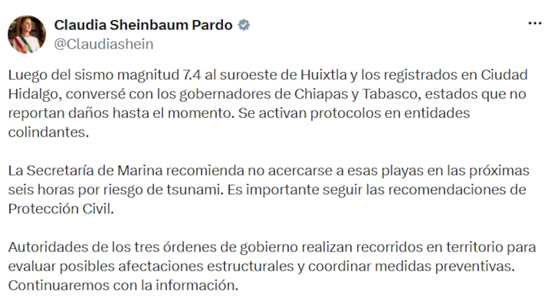 Mensaje de Sheinbaum tras sismo en Chiapas (Foto: X)