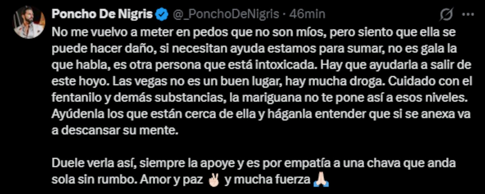 Mensaje de Poncho de Nigris a Gala Montes (Vía: X)