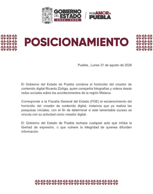 Comunicado Gobierno Puebla (Vía: X)
