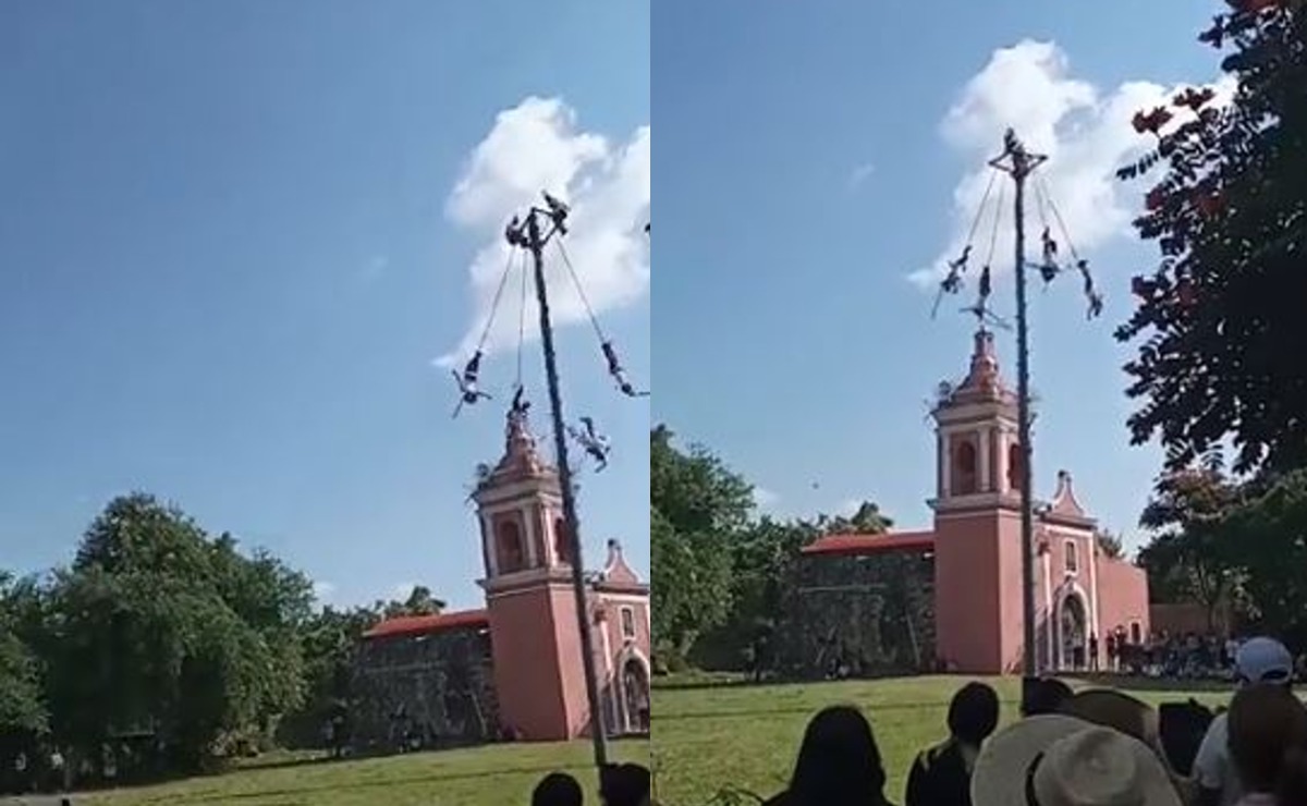 Graban espeluznante caída de 25 metros de volador de Papantla, en Puebla