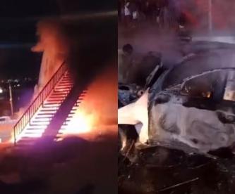 Chavos chocan contra puente y mueren calcinados en su Audi, en Cuernavaca