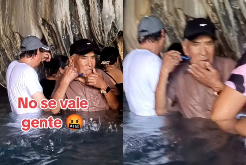 Cachan a viejito rasurándose dentro de las Grutas de Tolantongo y genera controversia