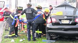 Automovilista se estampa contra palmera y queda prensado, en Querétaro