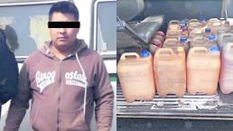 Detienen a huachicolero con más de 400 litros de gasolina ilegal, en Zacualpan