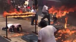 policía llamas fuego falla acrobacia desfile 20 de noviembre tabasco