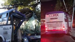 Chofer de autobús de pasajeros le mete turbo y se estrella contra un árbol, en CDMX