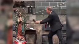 Pastor estadounidense destruye figuras de la Guadalupana y la Santa Muerte, en CDMX